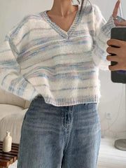 Colorful Striped V Neck Short Knit Sweater