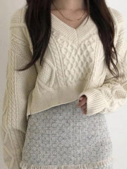 Solid V Neck Tie Back Loose Sweater