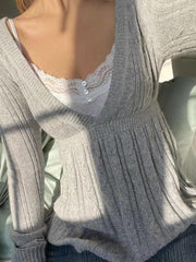 Solid V Neck Crochet A Line Hem Sweater