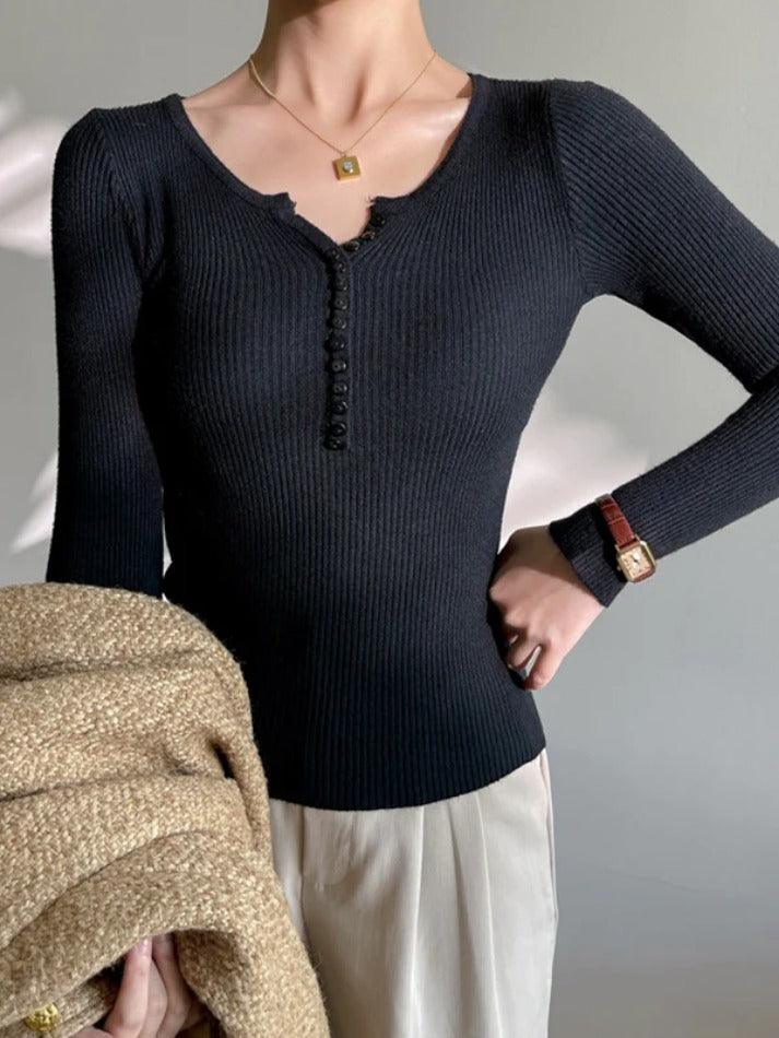 Solid Ribbed Breasted Long Sleeve Knit