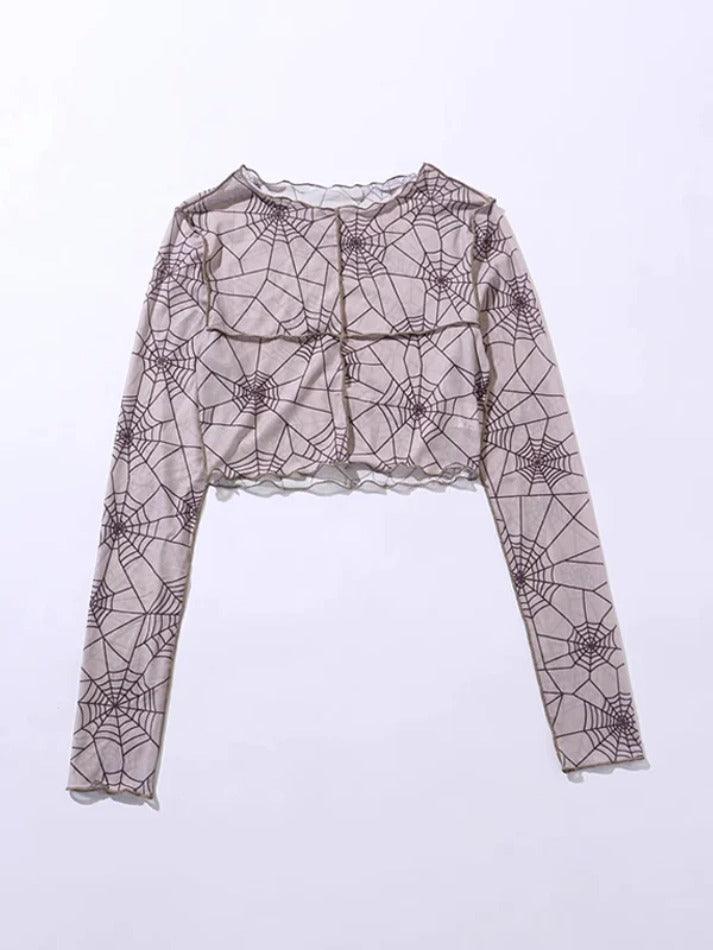 Spider Print Mesh Splice Cropped Long Sleeve Tee