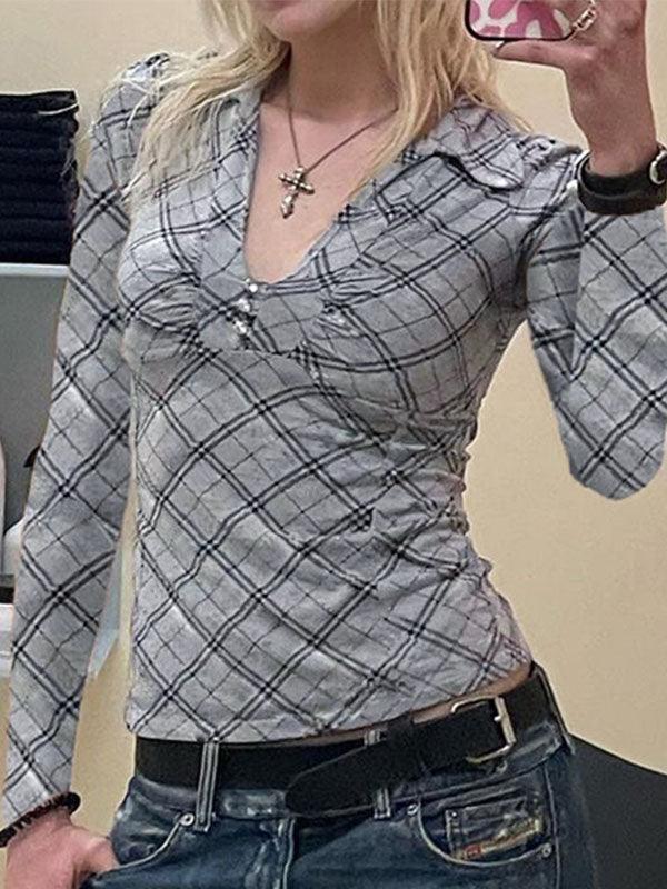 Argyle Print V Neck Diamond Button Long Sleeve Tee