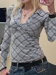 Argyle Print V Neck Diamond Button Long Sleeve Tee