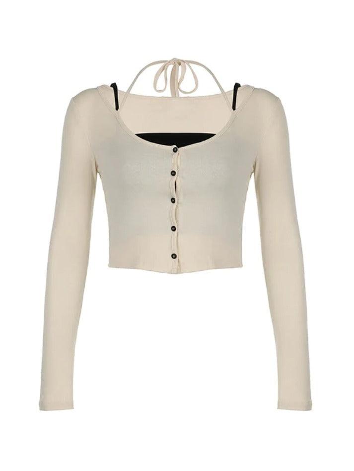 Solid Halter Breasted Two Piece Long Sleeve Knit