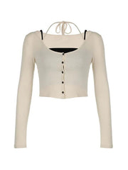Solid Halter Breasted Two Piece Long Sleeve Knit