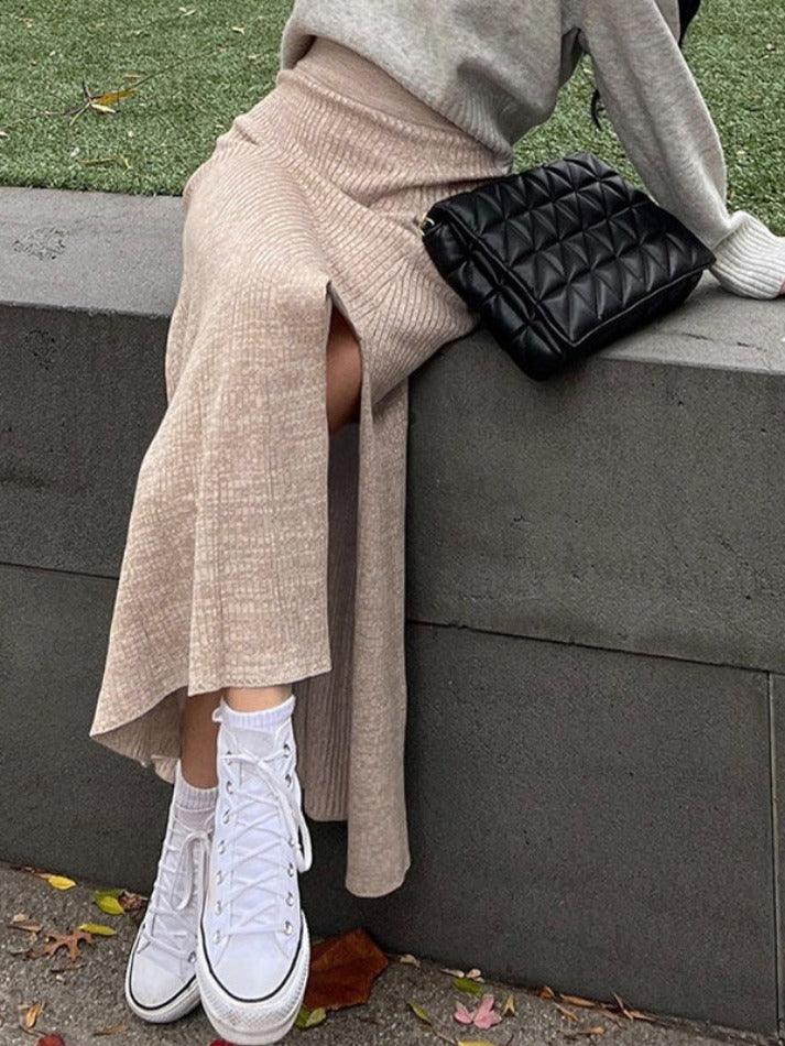 Solid High Rise Slit Knit Midi Skirt