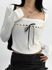 French Square Neck Contrast Color Lacing Long Sleeve Tee