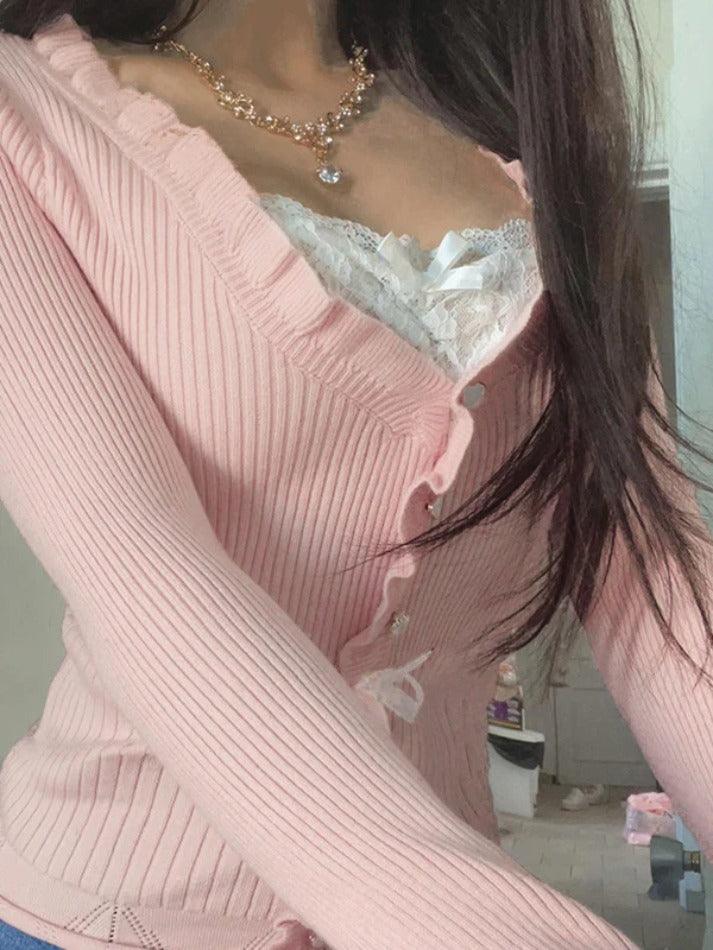 Lace Splice Tie Up Fake Two Piece Long Sleeve Knit