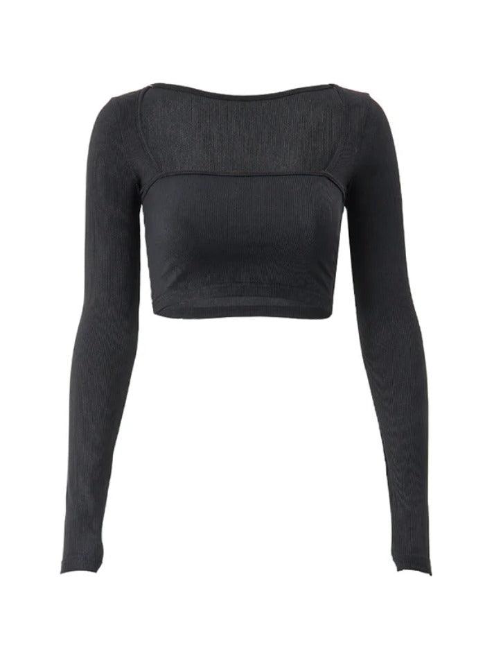 Rib Square Neck Crop Long Sleeve Knit