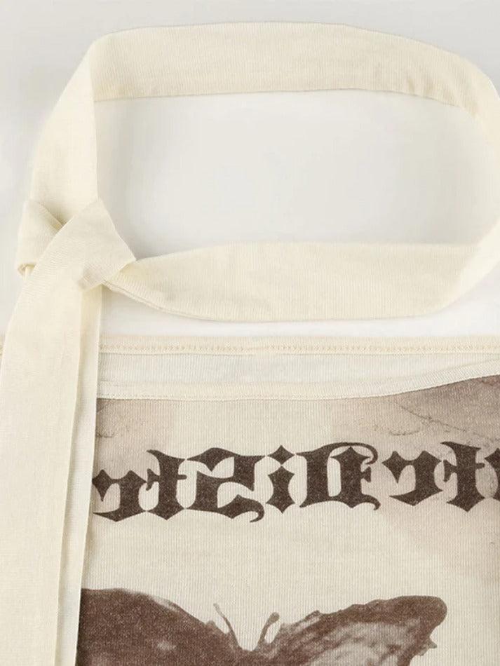 Off Shoulder Vintage Butterfly Print Long Sleeve Tee