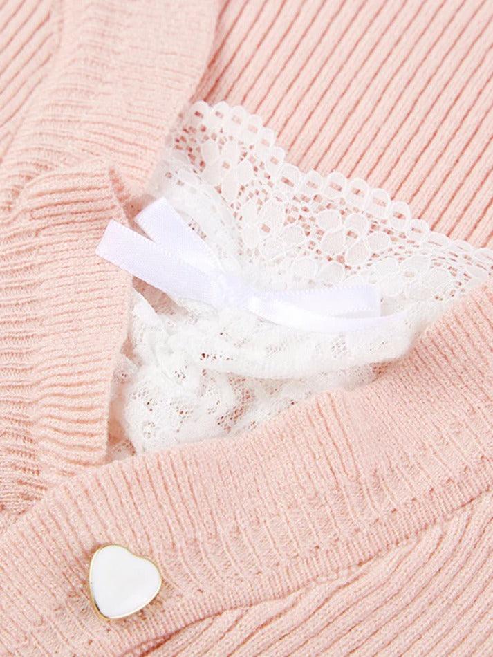 Lace Splice Tie Up Fake Two Piece Long Sleeve Knit