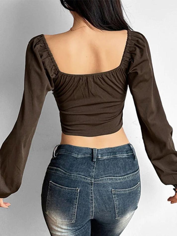 French Ruched Lacing Corset Irregular Hem Long Sleeve Tee