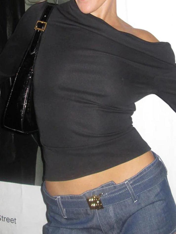 Solid One Shoulder Long Sleeve Tee