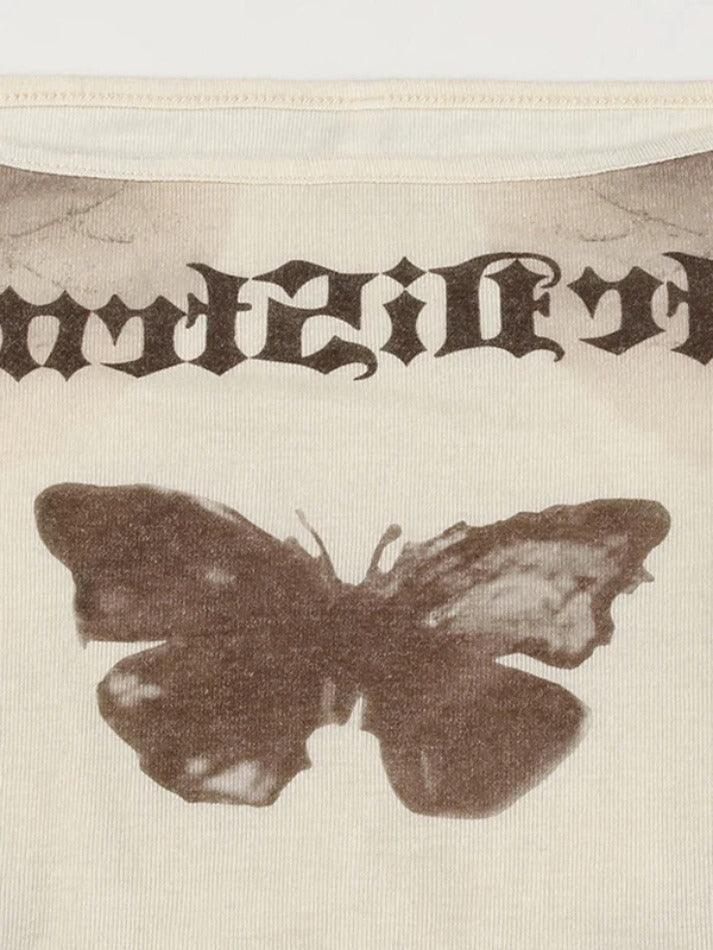 Off Shoulder Vintage Butterfly Print Long Sleeve Tee