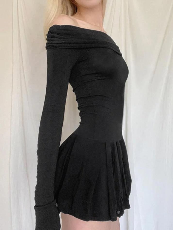 Black Off Shoulder Pleated Slim Mini Dress