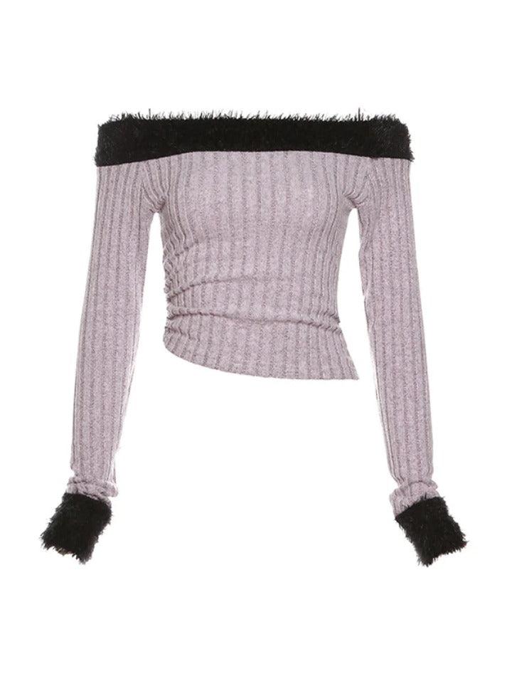 Fuzzy Trim Off Shoulder Cropped Long Sleeve Knit