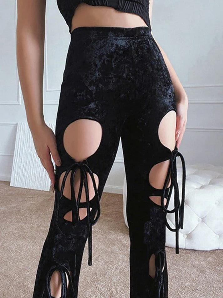 Lace Up Cutout Velvet Flare Leg Pants