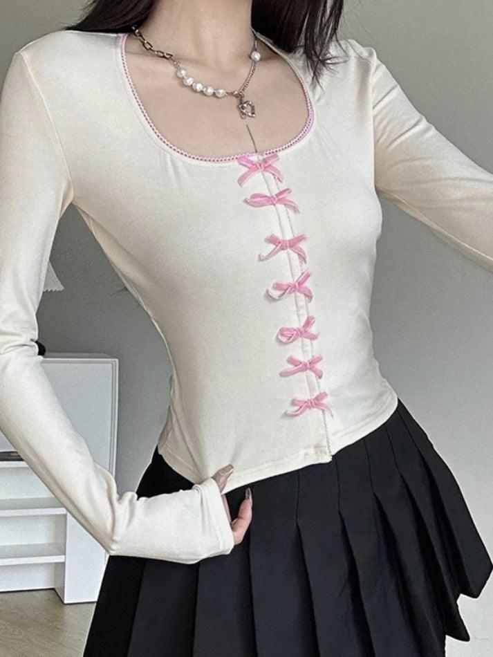 Bow Splice U Neck Long Sleeve Tee