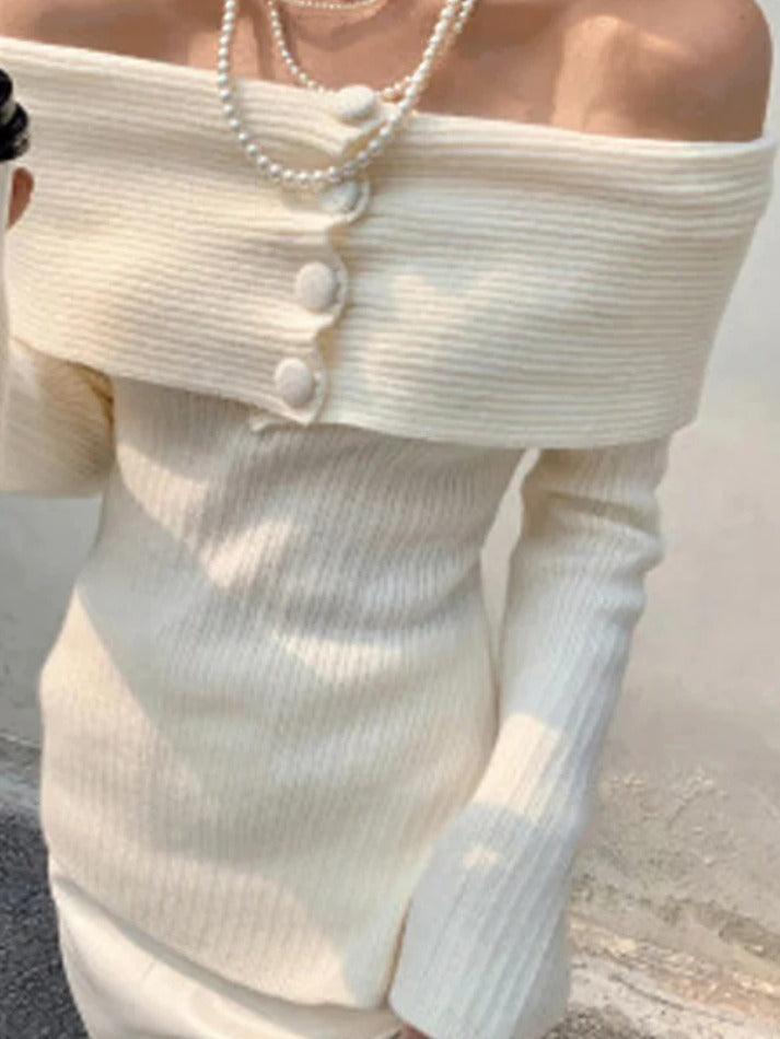 Solid Off Shoulder Slit Knit Sweater