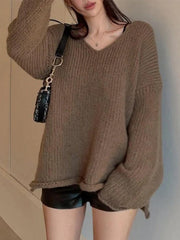 Solid V Neck Slit Rolled Sweater