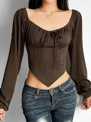 French Ruched Lacing Corset Irregular Hem Long Sleeve Tee