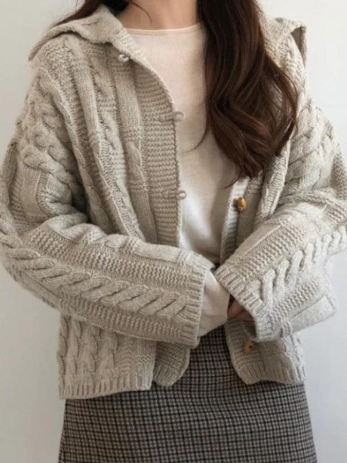 Solid Cable Knit Horn Buckle Hooded Cardigan