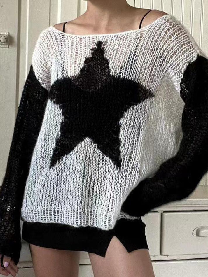 Contrast Color Star Baggy Smock Sweater