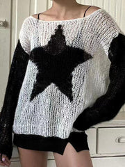 Contrast Color Star Baggy Smock Sweater