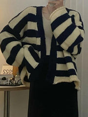 Contrast Color Striped V Neck Rolled Loose Knit Cardigan