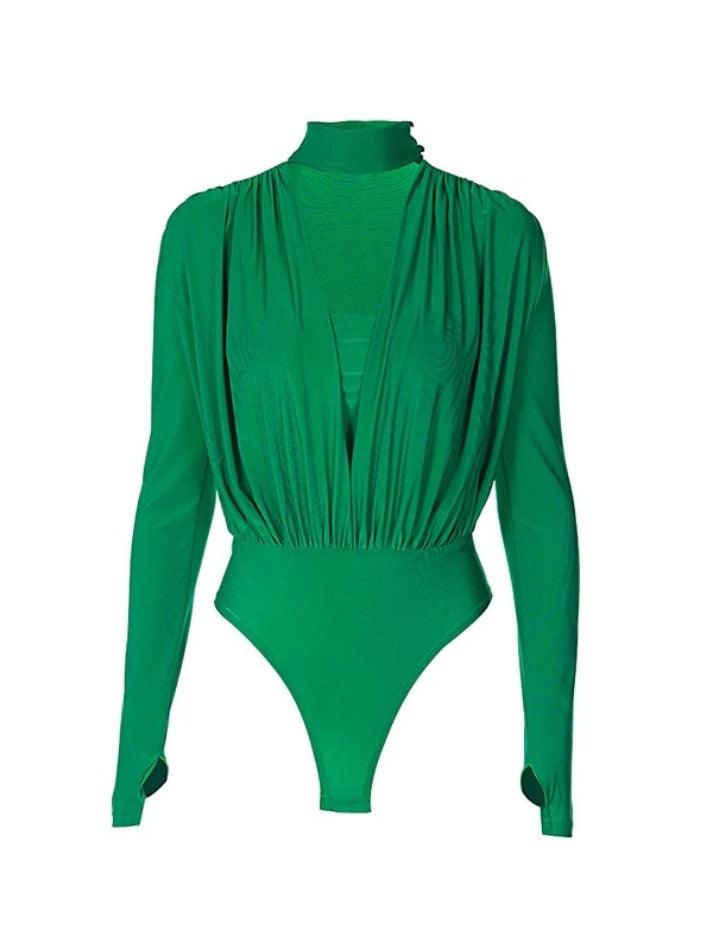 Solid Plunge Neck Splice Thumb Hole Bodysuits