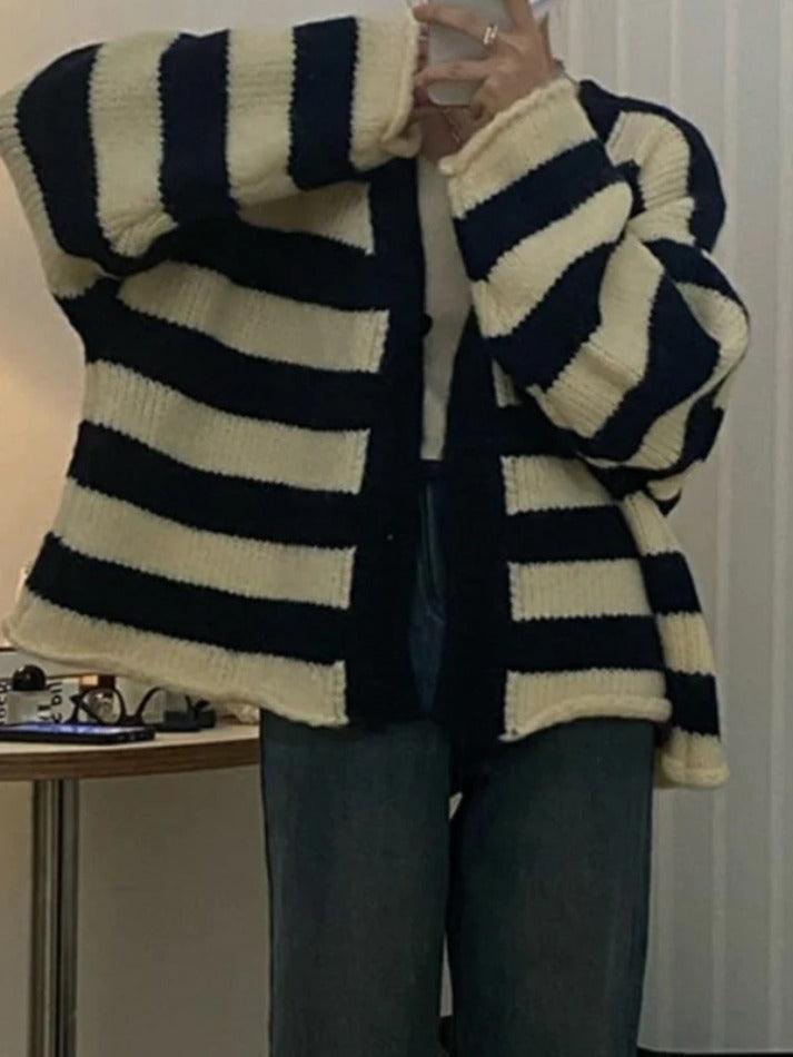 Contrast Color Striped V Neck Rolled Loose Knit Cardigan