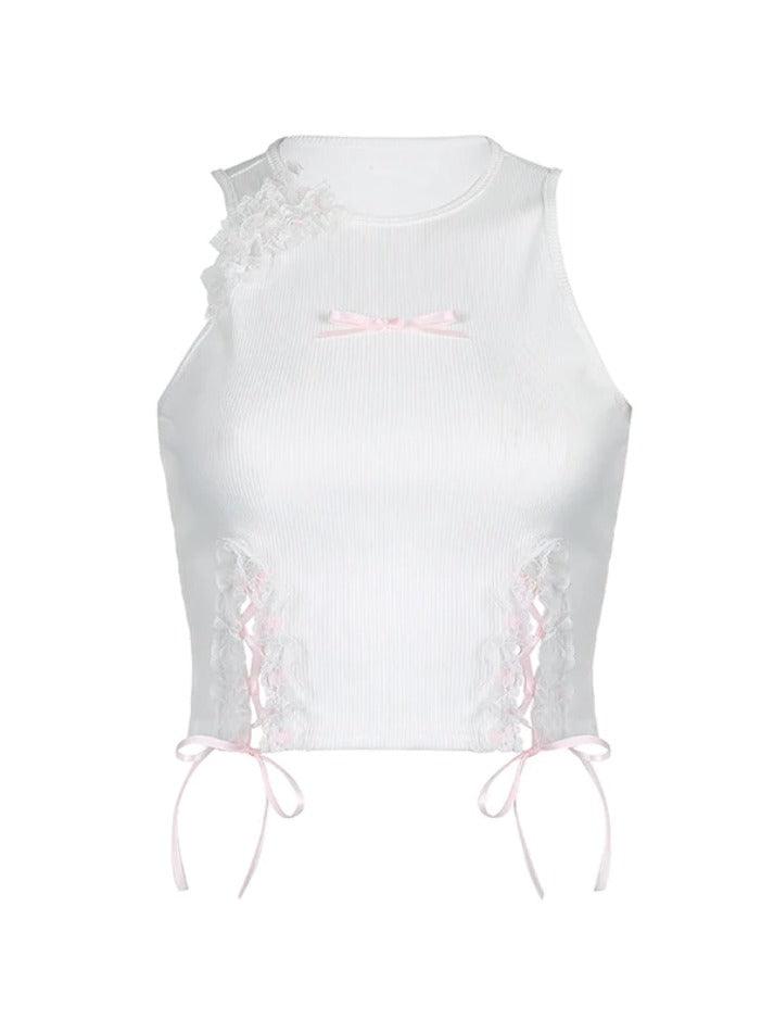 Lace Trim Irregular Cutout Bow Tie Front Tank Top