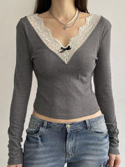 Lace Trim Splice V Neck Long Sleeve Knit