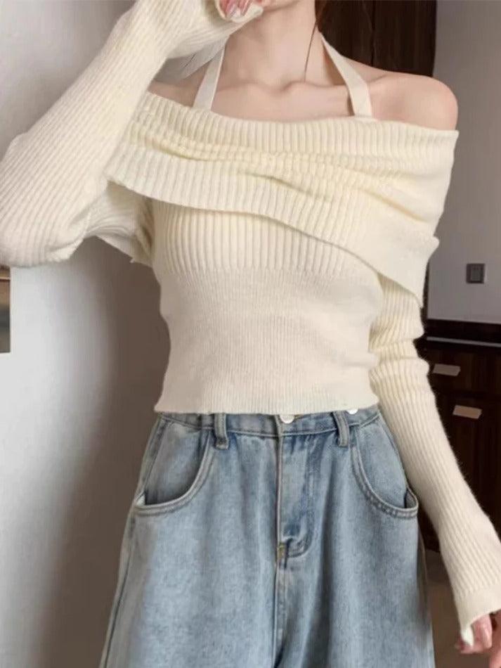 Solid Halter Ruched Cold Shoulder Sweater