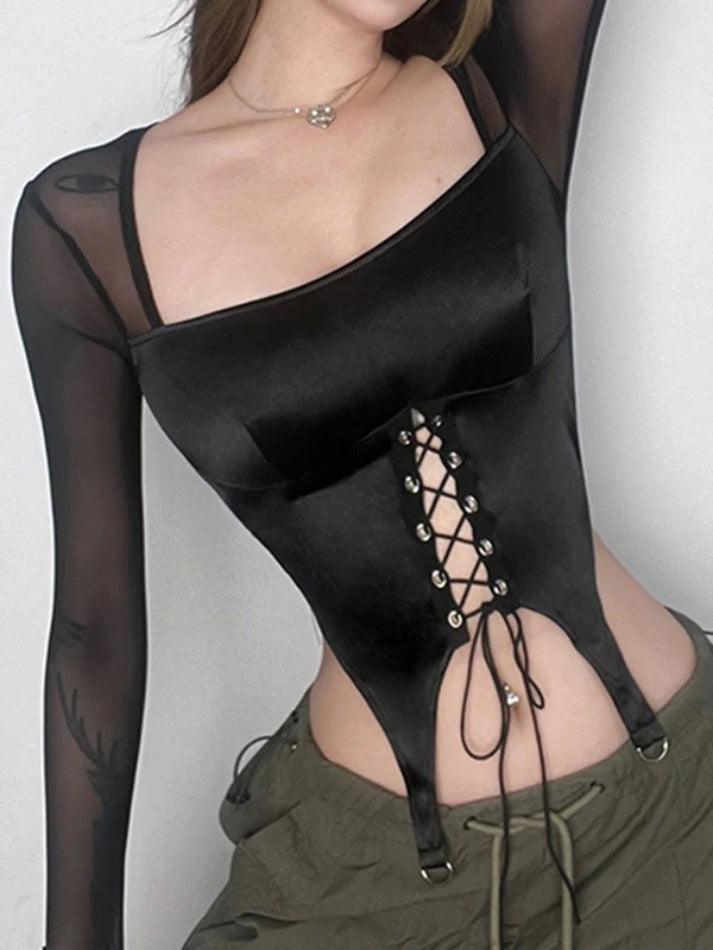 Perspective Mesh Satin Splice Eyelet Lacing Corset Long Sleeve Tee