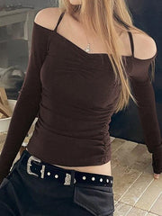 Solid Off Shoulder Ruched Halter Long Sleeve Tee