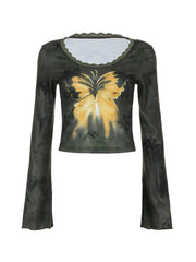 Contrast Butterfly Print Lace Trim Splice Long Sleeve Tee