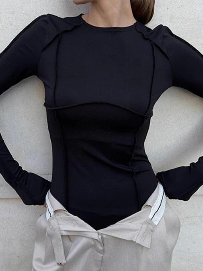 Solid Seam Detail Splice Long Sleeve Crew Neck Bodysuits