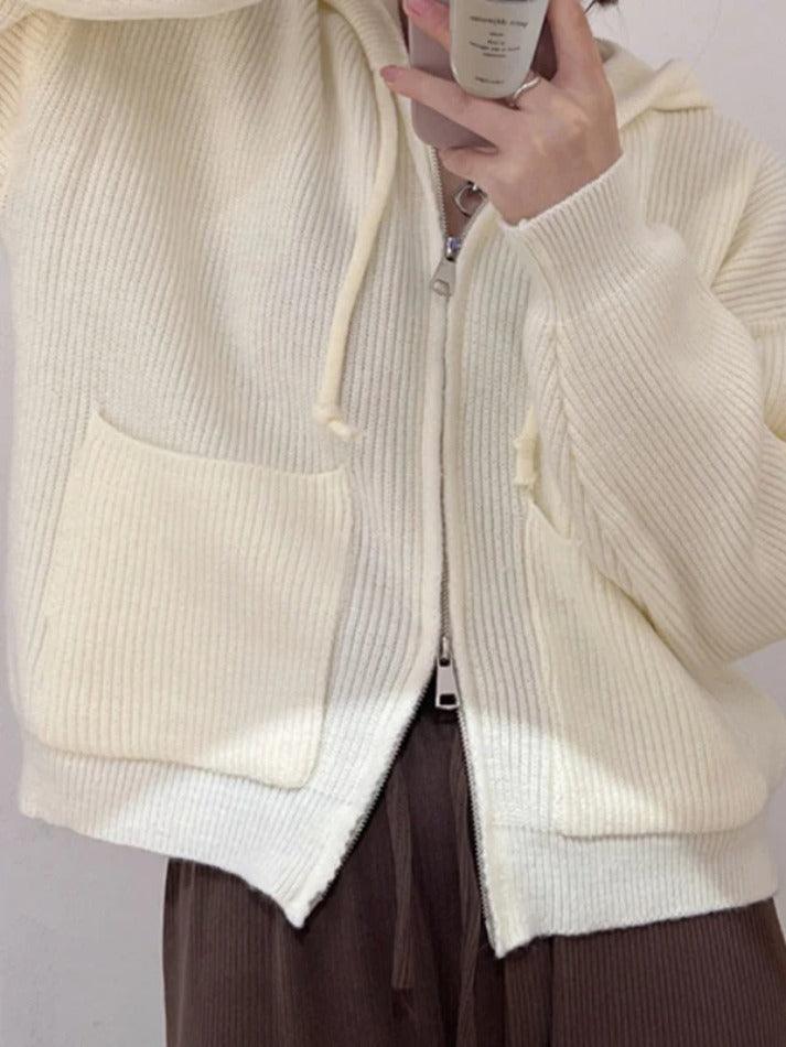 Solid Double Zip Hooded Cardigan