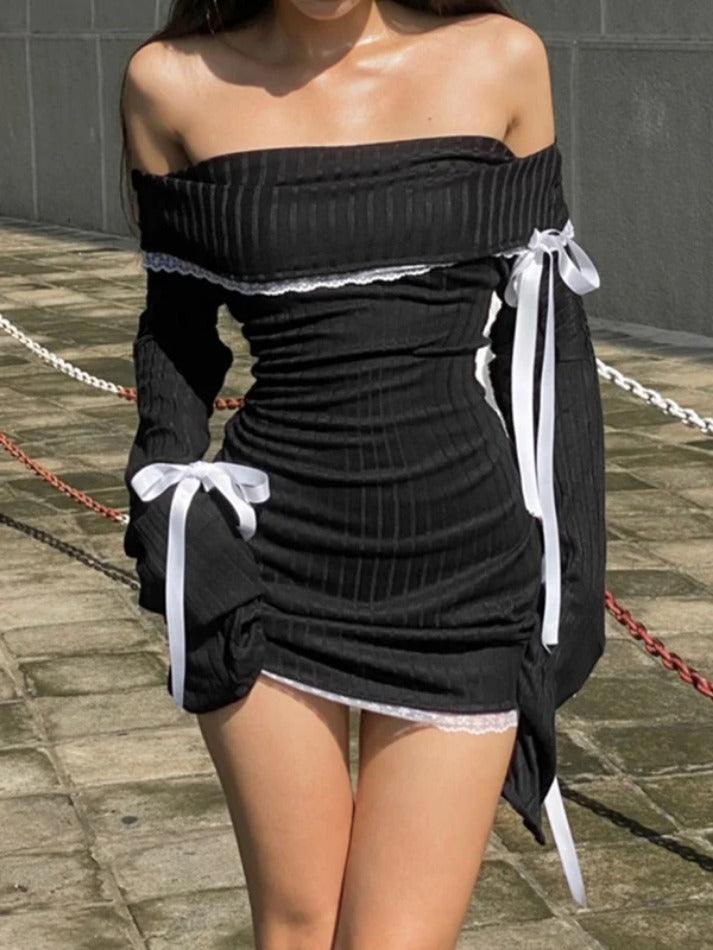 Off Shoulder Lace Splice Tie Up Long Sleeve Mini Dress