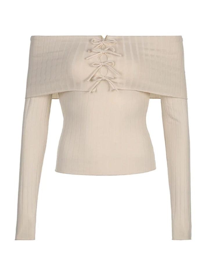 Solid Ribbed Off Shoulder Bow Tie Front Long Sleeve Knit