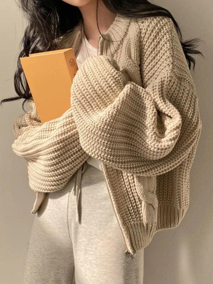 Solid Zip Up Crochet Cable Knit Cardigan