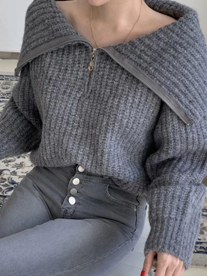 Solid Big Lapel Neck Half Zip Sweater