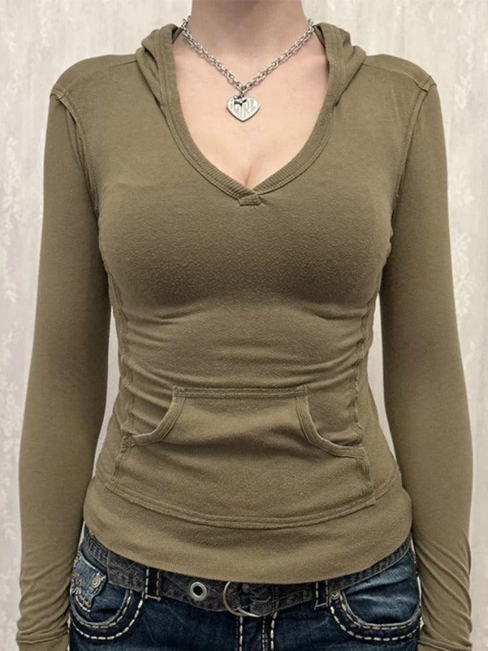 Solid V Neck Hooded Long Sleeve Tee