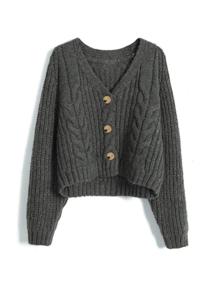 Solid V Neck Cable Knit Cardigan