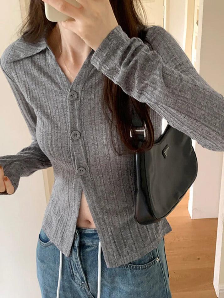 Solid Lapel Neck Slim Long Sleeve Knit