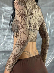 Spider Print Mesh Splice Cropped Long Sleeve Tee