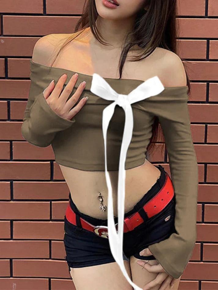 Solid Off Shoulder Bow Decor Cropped Long Sleeve Tee