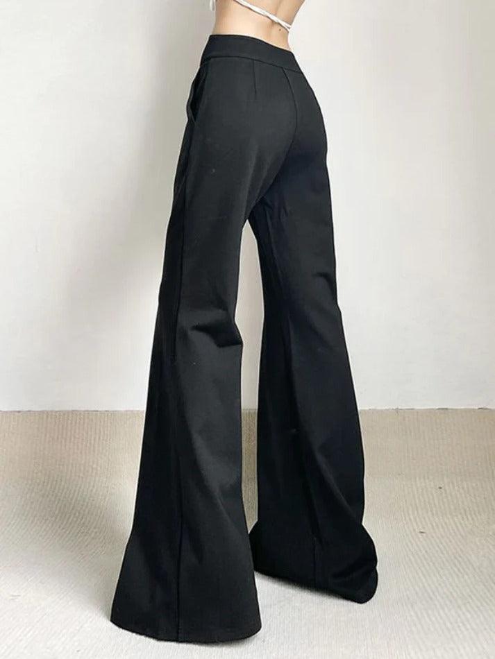 Notched Waist Pleated High Rise Flare Leg Pants