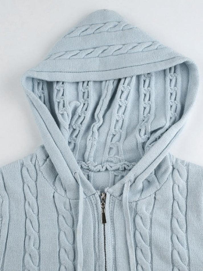 Solid Hooded Zip Up Cable Knit Cardigan